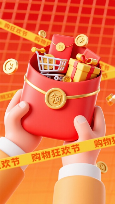 两只手捧着的红色大红包（带有 “领” 字金币扣），红包里装满有装满商品的购物车、红包、金币、礼盒等元素，装饰带有黄色 “购物狂欢节” 警示带元素，背景为橙红网格渐变，热闹的促销氛围预览效果