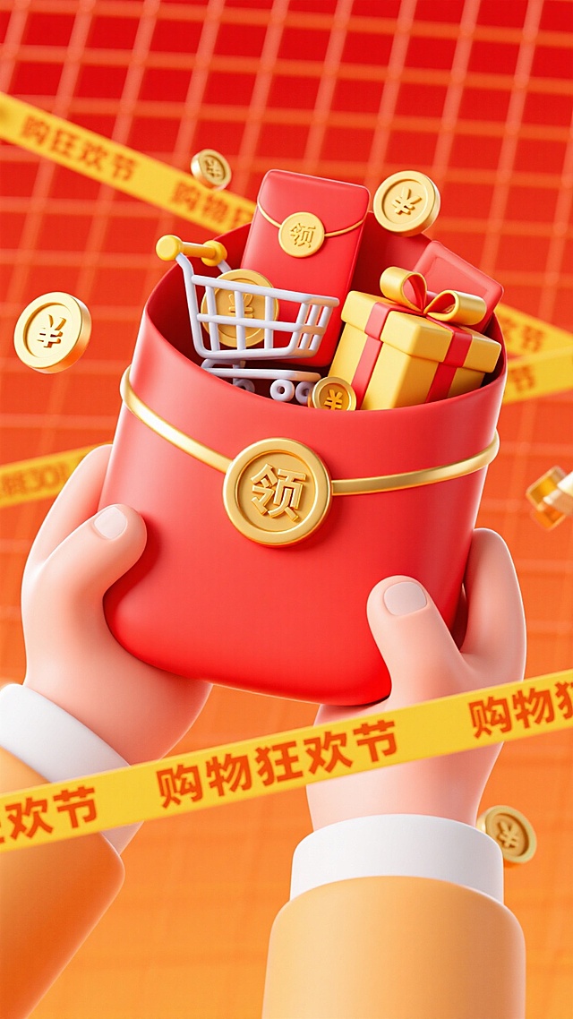 两只手捧着的红色大红包（带有 “领” 字金币扣），红包里装满有装满商品的购物车、红包、金币、礼盒等元素，装饰带有黄色 “购物狂欢节” 警示带元素，背景为橙红网格渐变，热闹的促销氛围