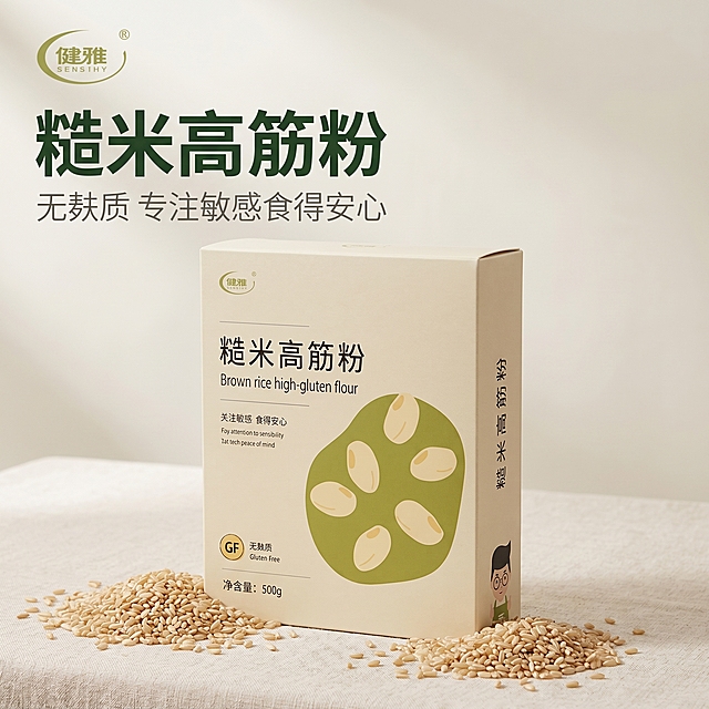 [主图-1] 糙米高筋粉电商首图，突出健康天然食欲感。
[氛围风格] 简约干净健康天然食品风格，场景化自然氛围
[画质] 商业摄影质感，光线柔和通透，产品清晰真实，画面干净高级
[元素] 糙米高筋粉包装盒放置在画面中心偏下位置，包装盒周围散落真实饱满的糙米粒，背景是浅米色亚麻布艺桌面，左上角安全区放置提取出来的健雅品牌Logo，保持Logo字形、配色和比例与原图一致，不遮挡产品主体。保持糙米高筋粉包装盒外观、物理结构、材质质感、颜色与输入产品图绝对一致，杜绝任何变形和色差，精细化处理。商品主体占比严格控制在65%左右，画面满屏无边框
[光影] 上方自然光为主光，柔和均匀，桌面轻微漫反射作为辅光，突出产品质感，阴影柔和不生硬
[配色] 主色调为米浅卡其色，搭配糙米的自然浅黄和包装盒的抹茶绿色，自然清新
[视角构图] 平视45度角拍摄，景深适中，主体突出清晰
[文字版式] 左上负空间左对齐留安全边距，大字文案"糙米高筋粉"深绿色粗体无衬线，辅助小字"无麸质 专注敏感食得安心"浅灰色小一号字体，大字主文案醒目，辅助文字轻量，配色对比清晰不遮挡产品
[比例分辨率] 1:1比例，2k分辨率，文字清晰锐利，超高清
[负向提示词] 变形，水印，文字错乱，产品图模糊，背景杂乱，牛皮癣，配色刺眼，遮挡主体