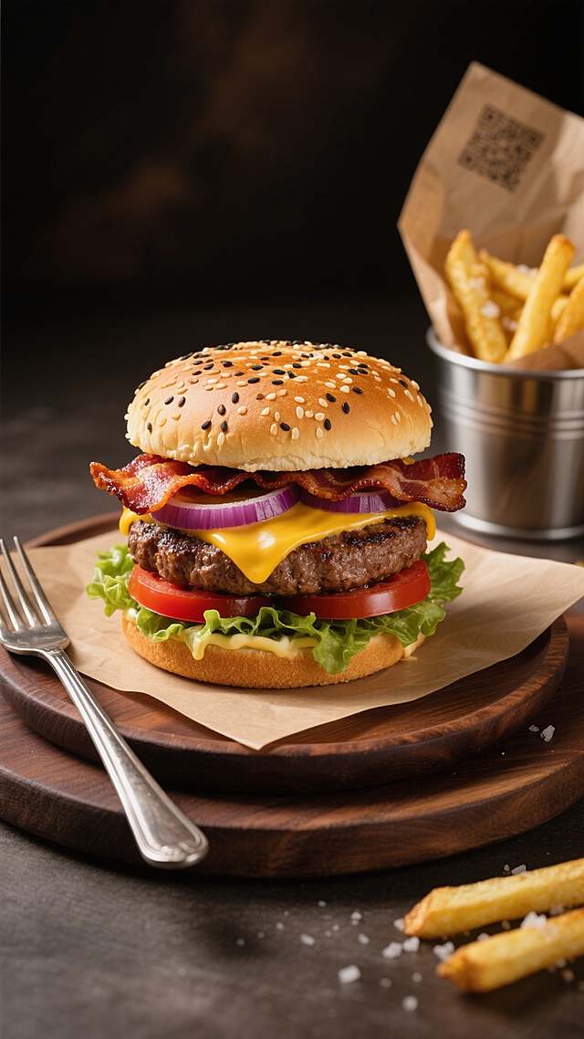 超写实美食摄影风格，特写镜头下的双层芝士培根汉堡，顶部是撒有黑芝麻的金黄色芝麻面包，面包边缘微焦，夹着两片厚实多汁的煎制牛肉饼，肉饼表面有诱人的焦香纹理，融化的黄色芝士从肉饼边缘溢出，上层覆盖几片酥脆的深红色培根，培根边缘微卷，中间夹着紫红色洋葱圈，下层铺着新鲜翠绿的生菜叶和几片鲜红的厚切番茄片，底部是同样的芝麻面包，整个汉堡放置在棕色烘焙纸上，纸张铺在深色木质圆形托盘上，托盘边缘可见自然木纹，汉堡左侧有一把银色金属叉子和刀子交叉摆放，背景略微虚化，左侧后方有一个金属容器，里面装满金黄色的炸薯条，薯条表面撒有细盐，容器内衬浅色油纸，右上角有一个棕色纸质包装袋，整体画面采用侧上方单光源，光线柔和，在汉堡上形成明显的高光和阴影对比，突出食材的质感和立体感，色调温暖，以棕色、金黄色、红色为主，营造出浓郁诱人的美式快餐氛围，背景为深色，突出主体食物，无文字和二维码。