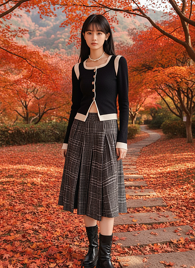 复古与文艺交织，优雅时尚中透出清新气息。东亚风秋景实景中，格纹裙与针织上衣碰撞面料质感，尽显秋天诗意美学。