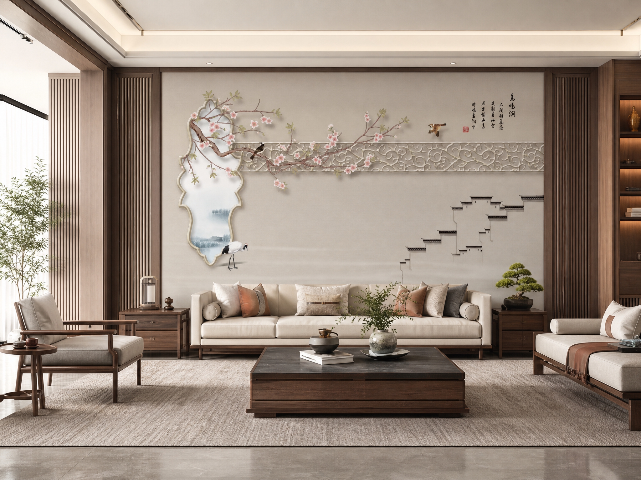 将图中的刺绣硬包背景墙图案完整保留，图案颜色和细节完全不变，放… - 图片创意预览