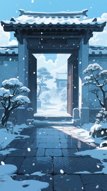 二次元古风，下雪，庭院，正面特写大门，地板，树，凹凸地板，房子，雾气，云，浅蓝色，细节丰富，元素多样，9:16,不要人物，生成2张预览效果