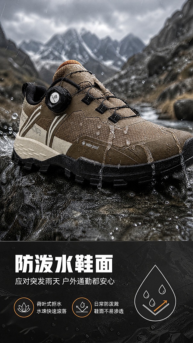 [商品] 使用【图8】棕米拼色户外鞋山石场景图；商品处理：保留鞋型、旋扣、water proof标识、配色、鞋底纹路和材质；增强鞋面防泼水涂层质感、网面纹理和橡胶底细节，不改变鞋型结构和比例。
[画面] 目标：防泼水功能演示，可视化展示鞋面防水效果。构图：上下结构，上方65%为鞋子置于湿润岩石上，水流从鞋面滑落的动态场景；下方35%为功能说明区。主体占比：鞋子占画面50%。景别：产品近景，侧前方角度。前中后景：前景水花水珠、中景鞋子站在湿石上、后景模糊山景。场景：户外溪流边湿润岩石环境，真实自然。
[视觉] 套系策略：风格=户外机能风高级商业摄影；标题字=粗黑体硬朗无衬线；正文字=简洁无衬线体；主色=深炭灰+岩石灰；背景延展=基于深炭灰做深浅层级、山石纹理质感和冷调渐变；强调色=活力橙，仅用于小面积图标、引线和重点标签；标题色=纯白；正文色=浅灰白；组件=深色半透明信息卡、细线引线、机能风图标；光影=侧光突出水珠晶莹感和鞋面疏水效果。
[文字] 底部信息区：主标题「防泼水鞋面」，副标题「应对突发雨天 户外通勤都安心」。下方2个信息点横向排列：「荷叶式拒水 水珠快速滚落」「日常防泼溅 鞋面不易渗透」。右侧配水滴形机能图标。文字横向排版，不遮挡鞋子主体。
[规格] 图片比例9:16竖版，4K，medium。避免变形、错字、文字过小、鞋子结构改变、颜色失真、纯白背景、极限词、虚假防水承诺。
