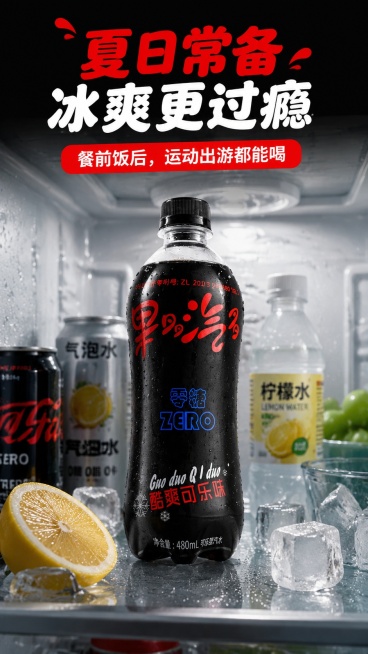 [第4屏] 场景种草屏，果多汽多可乐味碳酸饮料日常冰镇饮用场景。本屏使用【图1】作为产品主体。
[氛围/风格] 夏日清爽生活场景，真实自然氛围感，放松治愈风格。
[元素布局] 产品瓶身放在打开的冰箱冷预览效果