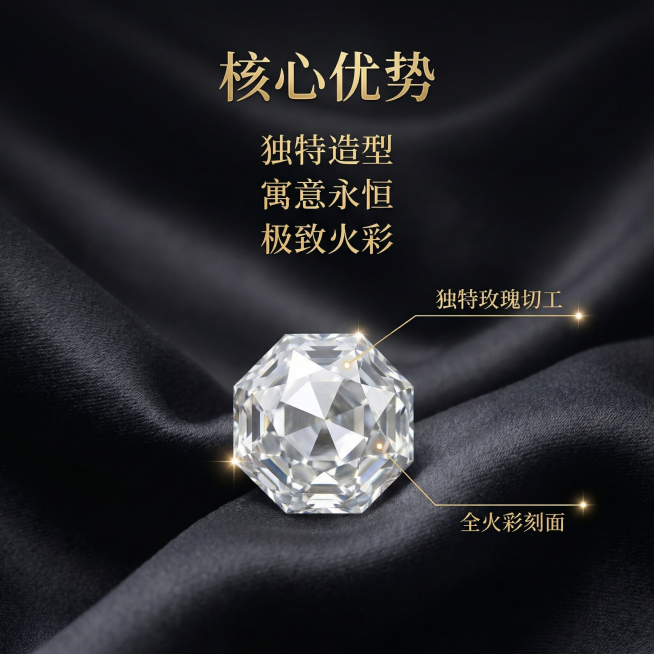 [主图 2] 保持白色玫瑰切钻石裸钻原有产品外观不变，展示产品核心卖点与切割结构。深色丝绒背景，整体保持高贵典雅奢华风格，钻石居中，使用极细引线标注玫瑰切割工艺特点，标注"独特玫瑰切工"和"全火彩刻面预览效果