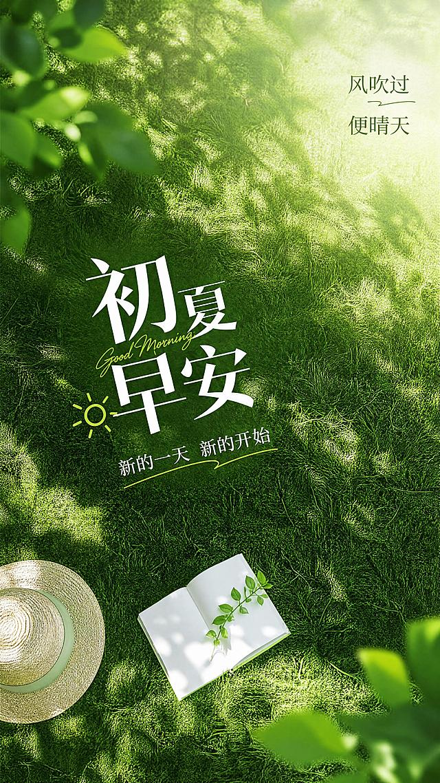 自然清新风格初夏早安日签海报，创意差异化构图，背景为俯拍视角的青草地，阳光从上方洒落。主标题“初夏早安”采用斜向排版，副标题“新的一天 新的开始”放在主标题下方，装饰文案“风吹过 便晴天”放在右上角留白处，整体构图简洁透气，文字清晰，版式精美，9:16竖版。