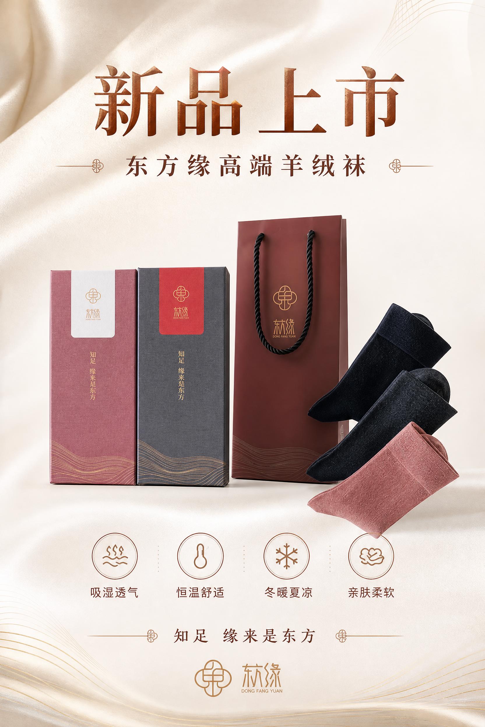 高端东方美学风格的羊绒袜新品上市海报，A4竖版（2:3比例）。… - 图片创意预览