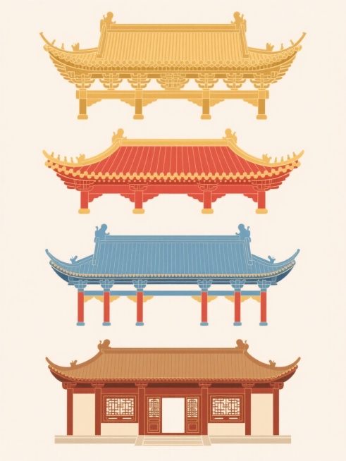 浅色背景上，上下两行对齐排列的四个不同类型、不同形状的中国古建筑元素，每个建筑均采用精致的矢量插画风格，线条流畅清晰，色彩明快鲜艳，以金色、红色、蓝色和棕色为主色调，展现传统古建筑的飞檐翘角、斗拱、雕花门窗等细节特征，整体画面简洁大气，富有中国传统文化韵味。预览效果