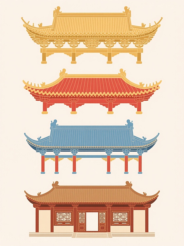 浅色背景上，上下两行对齐排列的四个不同类型、不同形状的中国古建筑元素，每个建筑均采用精致的矢量插画风格，线条流畅清晰，色彩明快鲜艳，以金色、红色、蓝色和棕色为主色调，展现传统古建筑的飞檐翘角、斗拱、雕花门窗等细节特征，整体画面简洁大气，富有中国传统文化韵味。