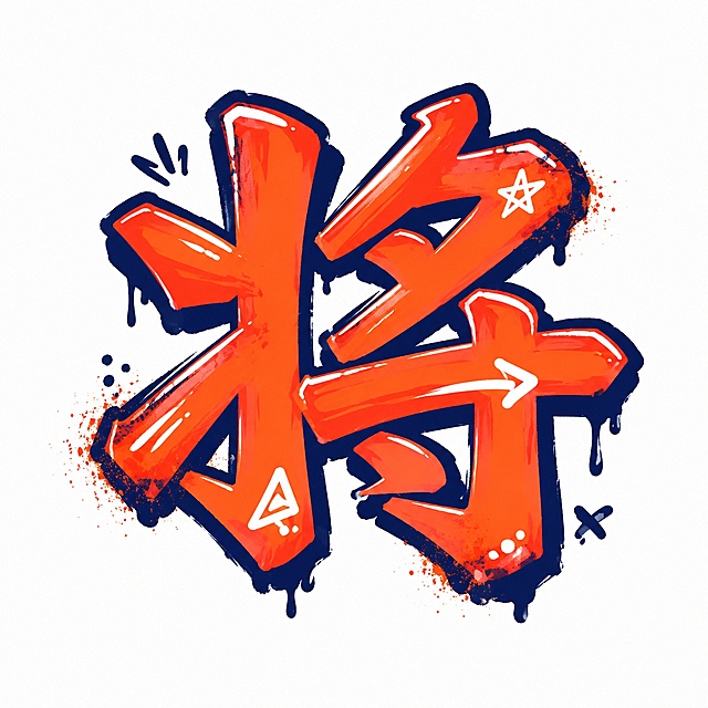 干净的纯白色背景。平面艺术字体设计，单字"将"，街头涂鸦插画风格，精简创意。笔画粗犷有力，如同马克笔快速书写的痕迹，笔画边缘带有轻微流淌效果，字形结构夸张变形但保持高识别度，字中融入简洁的插画小元素（如小箭头、星星、几何图形）与笔画自然融合。主体色为活力橙红色，带有深蓝色粗描边，白色高光点缀。仅包含1个字："将"，不得增加、遗漏或替换任何一个字。装饰喷漆颗粒与小符号融入笔画末端，风格完全统一，装饰元素精简不繁杂。文字整体必须完整呈现在画面内不可被裁切，四周留有安全边距。比例1:1。