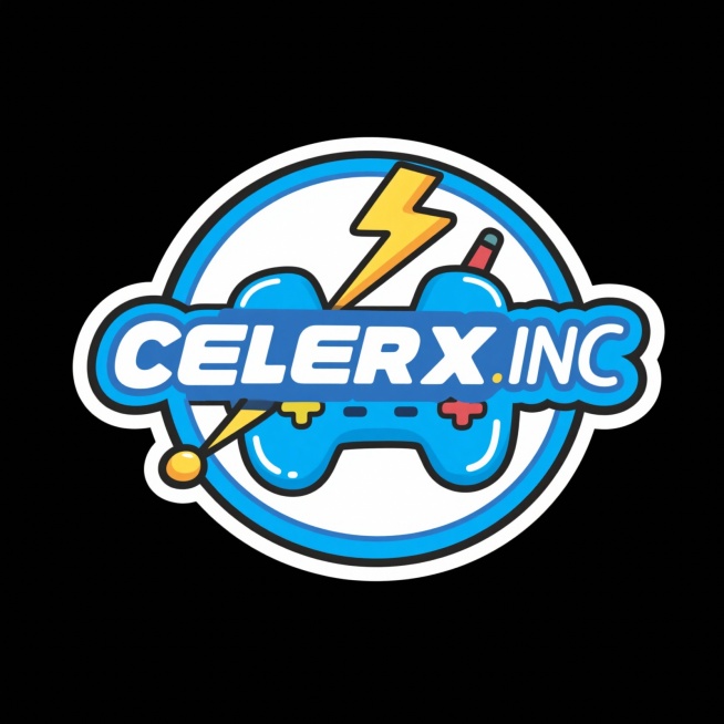 帮我生成一个游戏公司logo，游戏公司名字叫：CELERX INC，要求趣味性，比较卡通，有游戏元素，比较吸引人。简约预览效果