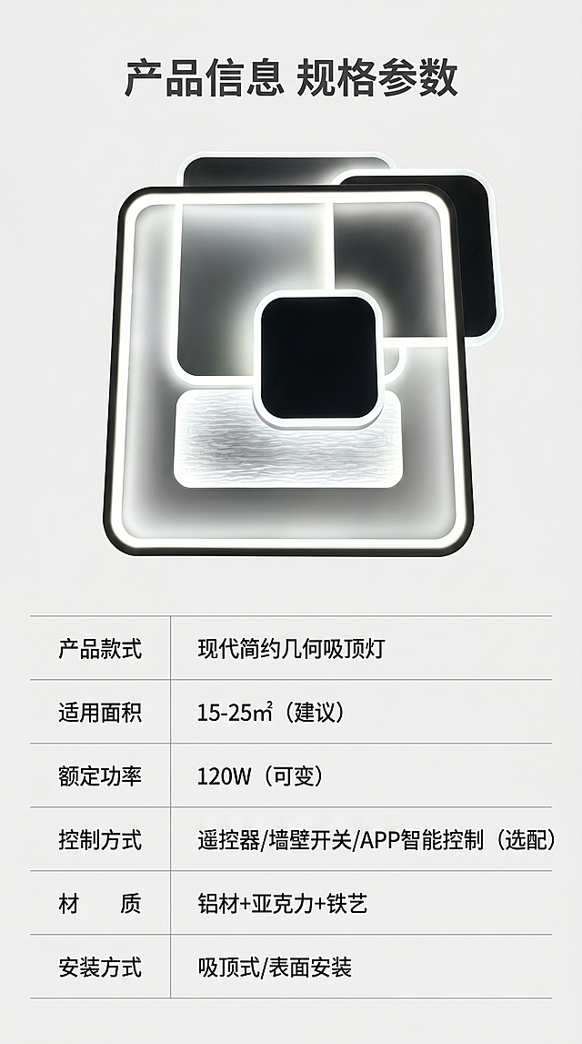 [第4屏] 产品信息参数页，展示吸顶灯基础参数和规格信息。本屏使用【图1】作为商品主体。
[氛围/风格] 简约清晰参数展示风，专业规整排版。
[元素布局] 上半部分放置产品图，占比约40%，下半部分分栏排版参数表，参数清晰分类展示，保持产品外观结构颜色与输入图一致。
[光影质感] 均匀布光，产品发光效果自然，参数表格线条清晰，文字对比分明。
[配色色系] 全局底色 #f5f5f5；产品主体黑白色，表格线条浅灰，参数名称深灰，参数内容黑色。
[视角构图] 上下构图，顶部产品展示，底部参数表格，阅读动线清晰。
[文字版式] 顶部主标题「产品信息 规格参数」，参数项包含：产品款式、适用面积、额定功率、控制方式、材质、安装方式，每项参数清晰对应，字体大小适中，手机端清晰可读。
[比例分辨率] 9:16，4K，文字清晰可辨。
[负向提示词] 产品变形，参数错误，文字错乱，表格错位，缺件错件，颜色偏差