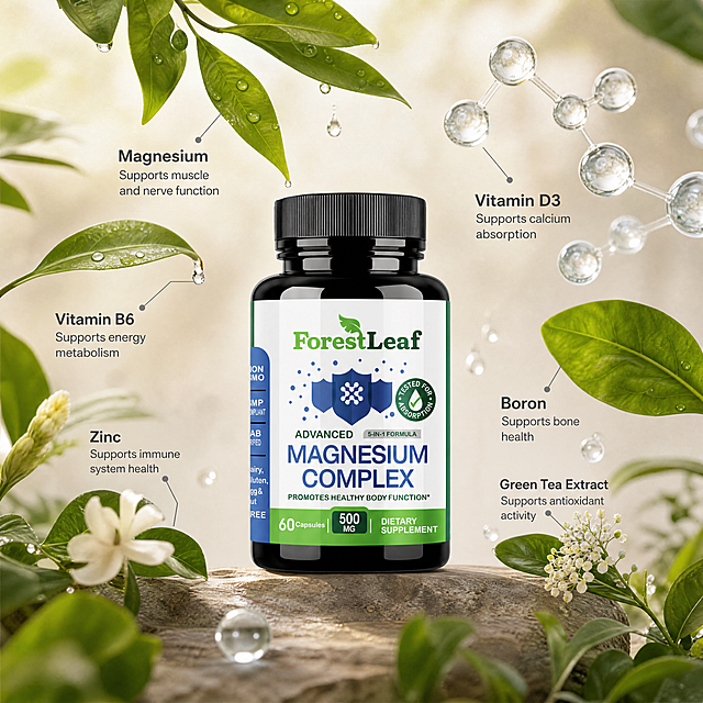 [主图-2] ForestLeaf 镁复合补充剂成分展示主图，天然萃取风格。
[氛围风格] 天然纯净自然风，强调产品植萃天然属性，TikTok原生感。
[画质] 商业摄影质感，光线柔和通透，产品清晰真实，画面干净高级，符合欧美市场审美。
[元素] 产品瓶身放置在画面中下位置，上方和四周环绕着真实天然绿色植物叶片、纯净水滴和透明的3D镁分子结构，纤细灰色引线指向对应元素标注功效。保持产品外观（物理结构、材质质感、颜色、文字信息）与输入产品图绝对一致，杜绝任何变形和色差，精细化处理。商品主体占比合理，画面满屏无边框，全英文标注，无夸大词汇。
[光影] 清晨柔和自然光，从左侧照射进来，叶片和瓶身形成自然柔和阴影，整体通透明亮，富有生机。
[配色] 主色调为浅米自然底色，绿色植物元素点缀，搭配瓶身本身的蓝绿色，整体自然和谐。
[视角构图] 平视视角，产品居中，成分元素环绕，层次分明。
[比例分辨率] 1:1 比例，4k 分辨率，文字清晰可辨，超高清。
[负向提示词] 变形，水印，文字错乱，产品图模糊，背景杂乱，中文，夸大词汇，额外logo。