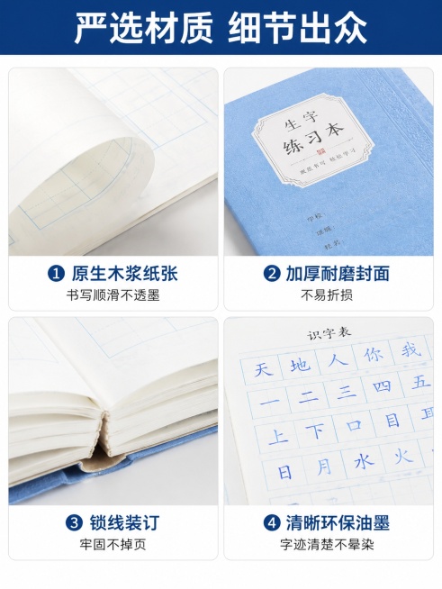 [第3屏] 细节解析页，展示学生练习本核心细节优势。本屏使用【图1】作为主体参考。[氛围/风格] 专业细节展示，清晰真实的产品材质呈现。[元素布局] 采用四宫格布局，四个格子分别展示纸张、封面、装订、预览效果