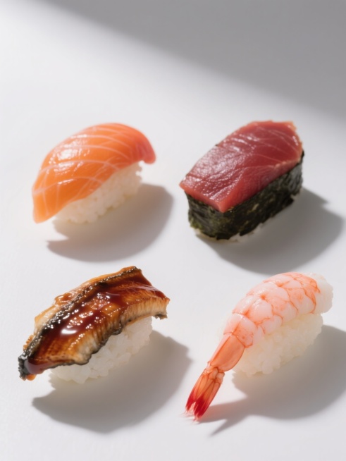 一张日料寿司系列海报，采用高写实摄影风格，纯色白色背景，光线从斜上方照射，形成柔和的高光和清晰的阴影，物体表面有自然的光泽感，整体氛围干净、精致、诱人。画面中四个完全不同的日料寿司元素规整排布，每个寿司都具有细腻的纹理细节：左上角是三文鱼寿司，橙红色的三文鱼片纹理清晰，表面有光泽，搭配白色的米饭；右上角是金枪鱼寿司，深红色的金枪鱼肉紧实有弹性，边缘整齐；左下角是鳗鱼寿司，焦糖色的鳗鱼表面有酱汁……预览效果