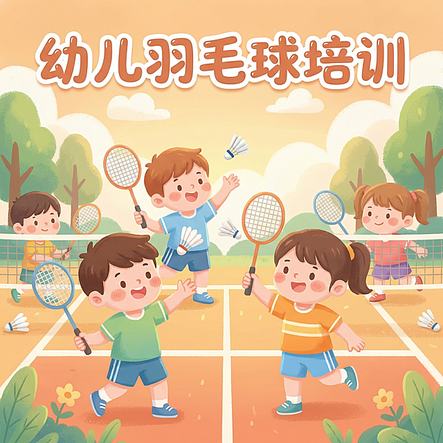 幼儿羽毛球培训宣传海报，使用参考图片中温柔可爱的插画风格，柔和温暖的配色，画面主体是打羽毛球的小朋友，保留清新温暖的质感，添加醒目的“幼儿羽毛球培训”标题，整体构图饱满适合海报展示