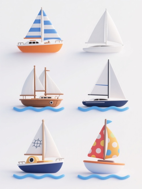 白色纯色背景上，六个造型完全不同的3D立体风格帆船元素系列素材集合，规整排布成两行三列。每个帆船保持3D立体质感，具有平滑的曲面、微妙的光影过渡和清晰的结构轮廓。帆船造型包括：1. 橙色船体配蓝白条纹帆的休闲游艇，带驾驶舱细节；2. 白色简约单桅帆船，风帆呈优雅的三角形展开；3. 复古双桅帆船，棕色木质船体配多面白色风帆；4. 现代流线型竞赛帆船，低矮船体配巨大主帆；5. 带有圆形舷窗的探险帆……预览效果