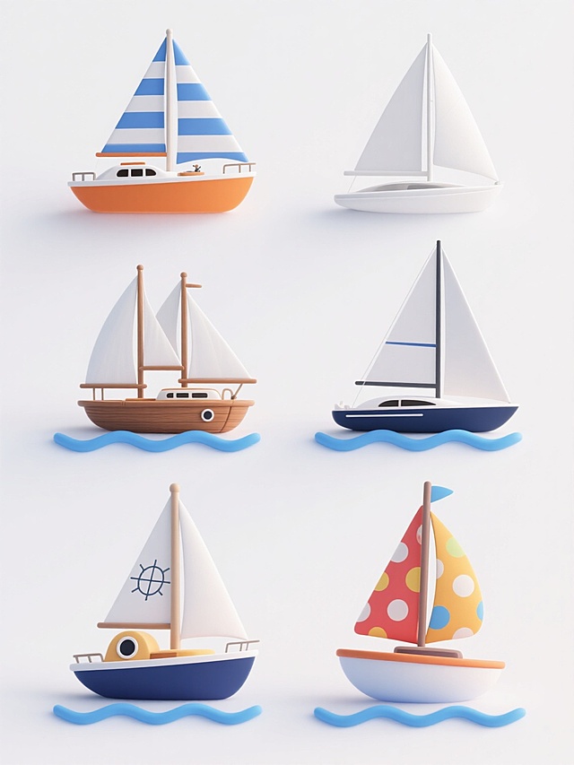 白色纯色背景上，六个造型完全不同的3D立体风格帆船元素系列素材集合，规整排布成两行三列。每个帆船保持3D立体质感，具有平滑的曲面、微妙的光影过渡和清晰的结构轮廓。帆船造型包括：1. 橙色船体配蓝白条纹帆的休闲游艇，带驾驶舱细节；2. 白色简约单桅帆船，风帆呈优雅的三角形展开；3. 复古双桅帆船，棕色木质船体配多面白色风帆；4. 现代流线型竞赛帆船，低矮船体配巨大主帆；5. 带有圆形舷窗的探险帆船，船体为深蓝色，白色风帆带航海图案；6. 卡通风格帆船，船身圆润，风帆色彩鲜艳有波点图案。每个帆船下方都有简洁的蓝色波浪线条装饰，整体保持统一的3D立体风格和清新明快的视觉氛围，所有元素排列整齐有序，形成和谐的系列感。