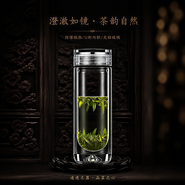 double-layer drop U-shaped borosilicate glass cup cup and lid keep unchanged font and layout keep unchanged, change background to dark deep black sandalwood carved cloud door panel right side blurred warm yellow bokeh keep dark style, top lighting maintain top level, minimalist setting, 8K commercial still life photography Sony A7R5 100mm macro F2.2 1:1 square Douyin main image, low saturation black gold tone professional retouch luxury texture, keep original text "澄澈如镜・茶韵自然" and "防爆隔热/U形内胆/无铅玻璃" and bottom "通透之器・品茗之心" layout unchanged, keep cup shape lid shape tea leaves and tea soup unchanged