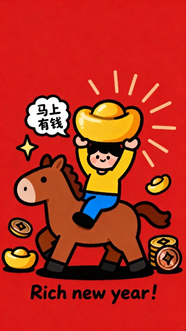 卡通风格新年插画，红色纯色背景，画面中心是棕色卡通小马，小马身上坐着穿黄上衣蓝裤子的卡通小人，小人双手举着大金元宝，福袋旁有放射状线条装饰，小马周围散落金元宝、铜钱，左侧有星星闪光元素。小人旁的云朵对预览效果