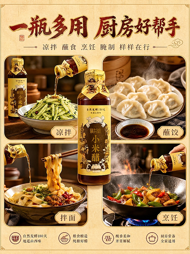 [商品] 使用【图1】单瓶粟井坊小米醋；保留棕色玻璃瓶、黄色标签、醋液颜色；商品处理：瓶身质感增强，标签清晰，不改变外观。
[画面] 页面目标：场景种草，展示小米醋多种日常吃法，增强代入感与实用性。场景拼图型构图，2×2四个圆角卡片场景，每个场景占画面约22%，卡片间有米黄色间隔。左上：凉拌黄瓜场景，黄瓜丝淋上小米醋，旁边放醋瓶；右上：饺子蘸醋场景，一盘热气腾腾的饺子，小醋碟在旁；左下：山西刀削面场景，一碗面条浇醋，筷子挑起面条；右下：烹饪炒菜场景，铁锅炒菜中倒醋，锅气腾腾。四个场景中央上方放一瓶小米醋作为核心产品锚点。背景为浅米黄色带细微纹理。阅读动线：顶部标题→中央产品→四个场景卡片。
[视觉] 套系策略：风格=国风传统家常烟火气商业摄影；标题字=厚重粗笔书法体带飞白；正文字=细宋体；主色=暖木棕+米黄；背景延展=基于暖木棕米黄做深浅层级、同色渐变和细腻木纹/布纹质感；强调色=朱砂红，仅用于小面积印章、引线、标签；标题色=深棕红配轻金色描边；正文色=深褐灰；组件=圆角场景卡片、细线分隔、小图标标签；光影=每个场景独立暖光，整体统一明亮。
[文字] 顶部居中主标题"一瓶多用 厨房好帮手"（8字），副标题"凉拌 蘸食 烹饪 腌制 样样在行"（12字）。四个场景卡片右下角各标注2字吃法："凉拌""蘸饺""拌面""烹饪"。文字均为横排，字号适中手机端可读。
[规格] 图片比例3:4竖版，4K，避免变形、错字、文字过小、冷蓝/蓝灰背景、场景不真实、绝对化用语。
