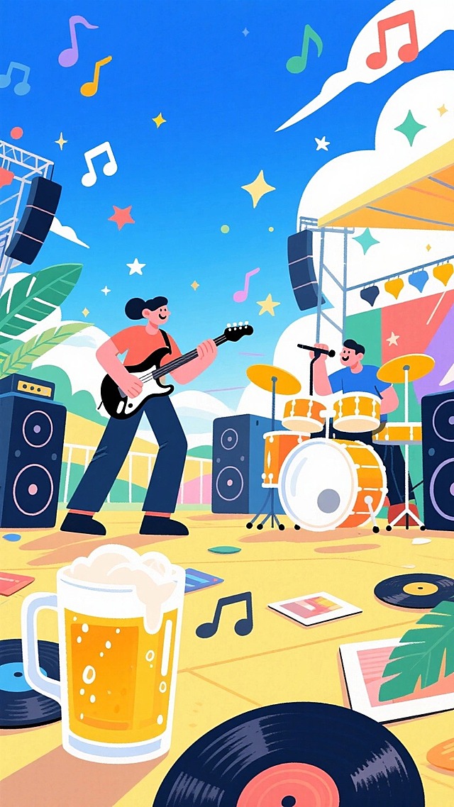 夏日音乐节场景，一个吉他手在弹吉他，一个鼓手在唱歌，搭配大型音箱、唱片、啤酒杯、音乐符号、星星、植物叶片装饰 。氛围充满活力、欢快、热烈