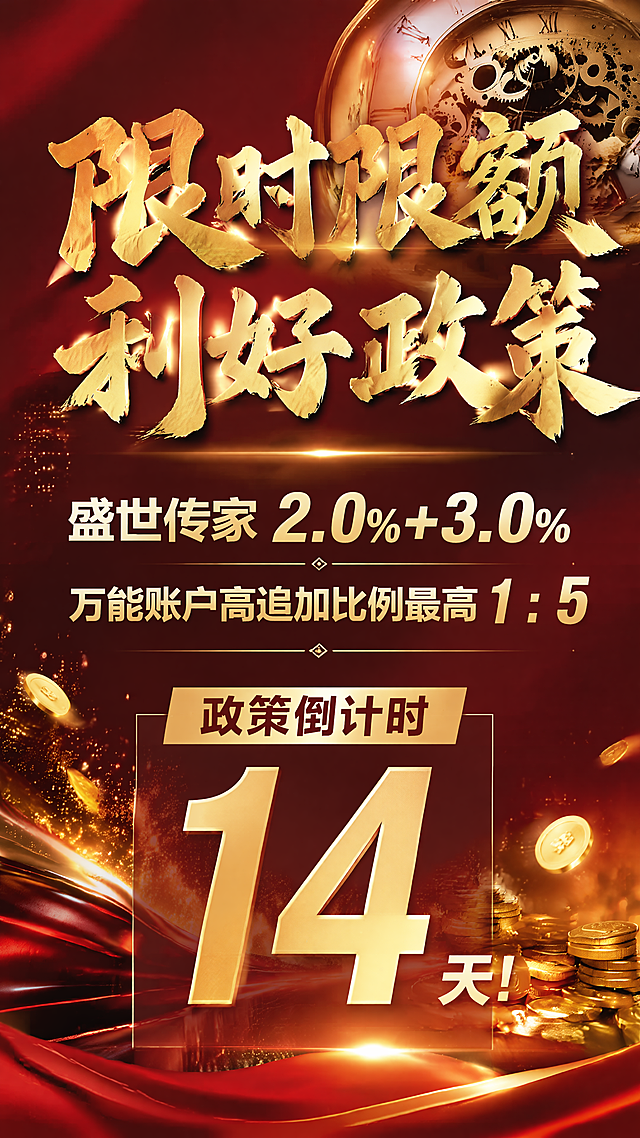 金融促销倒计时海报，红色主色调，参考图1和图2的版式结构与红金氛围。顶部大标题："限时限额利好政策"，醒目粗体金色大字。主标题下方卖点："盛世传家 2.0%+3.0%"，再下方："万能账户高追加比例最高1：5"。底部显著标注："政策倒计时14天！"。整体采用红金配色，搭配金币光影粒子装饰，商务金融质感，版式精美，文字清晰醒目，营造限时促销的紧迫感。