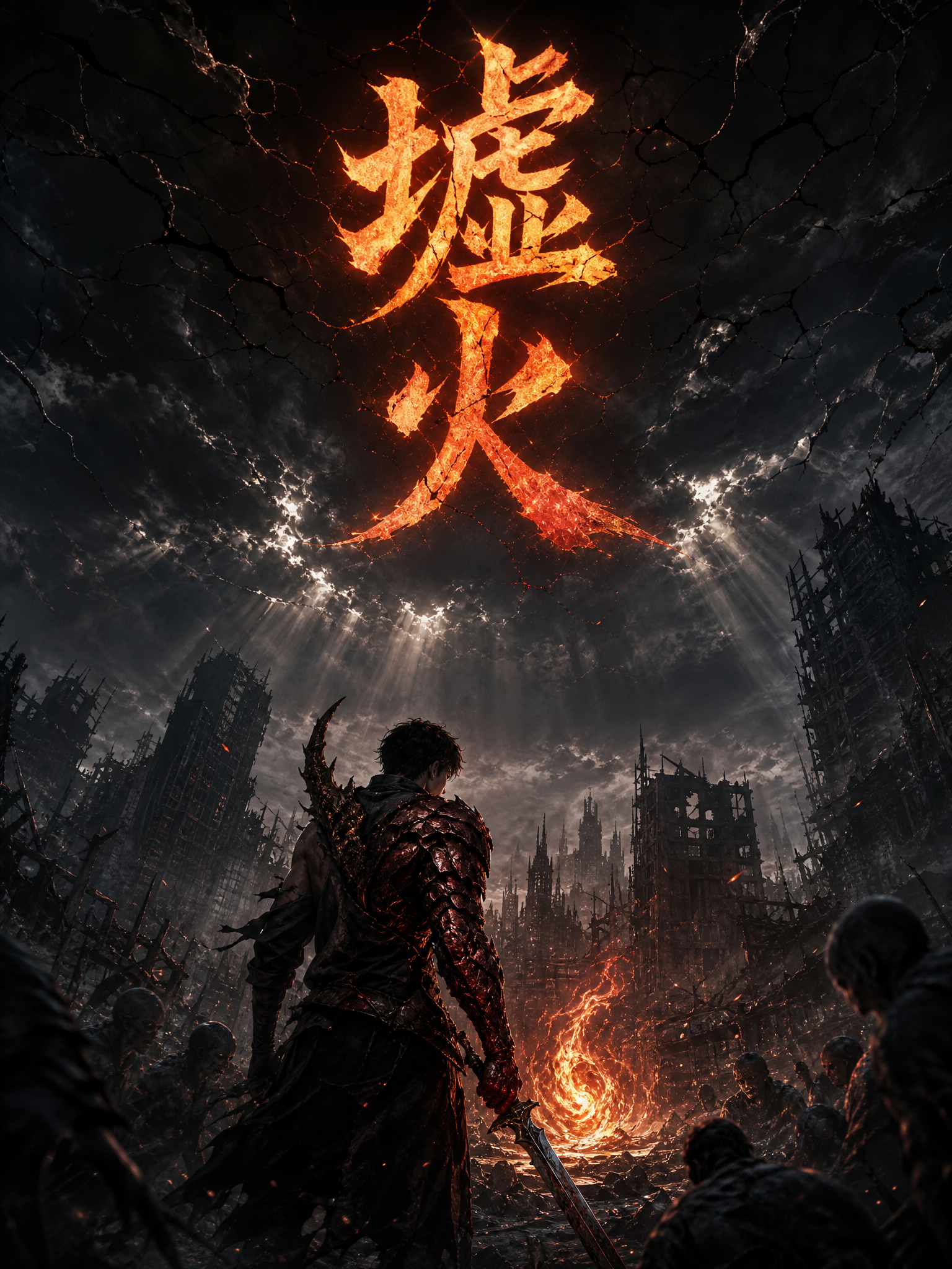 暗灰色天空布满裂缝，光线从云层缝隙中穿透而下，远处是倒塌的楼宇… - 图片创意预览