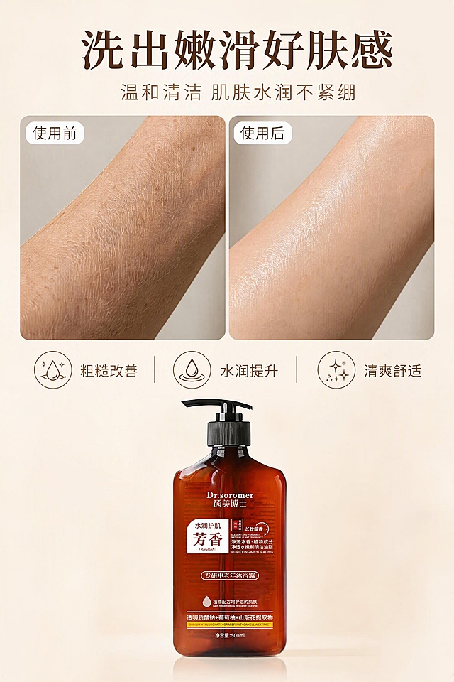 严格还原上传产品参考图，精准复刻包装设计、产品配色、LOGO位置及比例、文字内容及字体、图案元素及细节，无任何偏差，色彩无失真；产品与画面中其他物体的比例遵循真实物理空间逻辑，视觉协调，比例还原1:1。第11屏使用前后肤感对比屏，温和改善观感。奶白干净底色，暖棕轻奢简约风。主标题："洗出嫩滑好肤感"，画面顶部1/5居中深棕大字；副标题："温和清洁 肌肤水润不紧绷"，下方居中浅棕小字。画面中部左右分栏对比：左侧使用前中老年手臂肌肤粗糙干燥暗沉，右侧使用后肌肤水润光滑有光泽，两侧标注"使用前""使用后"白色标签。对比图下方配简短文字说明改善点：粗糙改善、水润提升、清爽舒适。画面底部中央放置沐浴露瓶身正面图，瓶身与参考图完全一致。左右对比布局，上下留白均衡。左侧45°柔光，肌肤细节真实清晰，对比自然不夸张。2:3竖版比例，300dpi高清细腻质感。