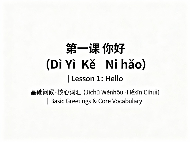 PPT 提示词：《第一课 你好 (Nǐ hǎo)》汉语入门课
整体风格：极简分栏，无图片；仅保留核心内容（对话 + 词汇 + 三声变调），文字 + 拼音 + 翻译对应展示。
第 1 页：封面 (Fēngmiàn) | Cover
标题：第一课 你好 (Dì Yī Kè Nǐ hǎo) | Lesson 1: Hello
副标题：基础问候・核心词汇 (Jīchǔ Wènhòu・Héxīn Cíhuì) | Basic Greetings & Core Vocabulary
第 2 页：对话 1：打招呼 (Duìhuà 1: Dǎ Zhāohu) | Dialogue 1: Saying Hello
标题：对话 1：初次见面 (Duìhuà 1: Chūcì Jiànmiàn) | Dialogue 1: First Meeting
内容（左右分栏）：
左：陆雨平 (Lù Yǔpíng)：力波 (Lìbō)，你好 (nǐ hǎo)。 | Lu Yuping: Libo, hello.
右：力波 (Lìbō)：你好 (nǐ hǎo)，陆雨平 (Lù Yǔpíng)。 | Libo: Hello, Lu Yuping.
第 3 页：核心词汇 1 (Héxīn Cíhuì 1) | Core Vocabulary 1
列表（两列）：
你 (nǐ) - 代词 - you | 指代对方
好 (hǎo) - 形容词 - good | 表示状态不错
陆雨平 (Lù Yǔpíng) - 专有名词 - (name) | 中国人名
力波 (Lìbō) - 专有名词 - (name) | 外国学生名
第 4 页：对话 2：问候状态 (Duìhuà 2: Wènhòu Zhuàngtài) | Dialogue 2: Greeting Status
标题：对话 2：询问状态 (Duìhuà 2: Xúnwèn Zhuàngtài) | Dialogue 2: Asking Status
内容：
力波 (Lìbō)：林娜 (Lín Nà)，你好吗 (nǐ hǎo ma)？ | Libo: Lin Na, how are you?
林娜 (Lín Nà)：我很好 (wǒ hěn hǎo)，你呢 (nǐ ne)？ | Lin Na: I'm very well, and you?
力波 (Lìbō)：也很好 (yě hěn hǎo)。 | Libo: I'm very well too.
第 5 页：核心词汇 2 (Héxīn Cíhuì 2) | Core Vocabulary 2
列表（两列）：
吗 (ma) - 疑问助词 - (question particle) | 一般疑问句末尾
我 (wǒ) - 代词 - I/me | 指代自己
很 (hěn) - 副词 - very | 修饰形容词表程度
呢 (ne) - 语气助词 - (modal particle) | 省略问句末尾
也 (yě) - 副词 - too/also | 表情况相同
林娜 (Lín Nà) - 专有名词 - (name) | 外国学生名
第 6 页：发音重点：三声变调 (Fāyīn Zhòngdiǎn: Sānshēng Biàndiào) | Pronunciation: 3rd-Tone Sandhi
标题：规则：两个三声相连，前一个读二声 | Rule: 2 adjacent 3rd tones → 1st reads as 2nd tone
示例（加粗变调）：
你好 (nǐ hǎo) → ní hǎo | Nǐ hǎo → Ní hǎo
很好 (hěn hǎo) → hén hǎo | Hěn hǎo → Hén hǎo
也很好 (yě hěn hǎo) → yě hén hǎo | Yě hěn hǎo → Yě hén hǎo
第 7 页：课堂练习 (Kètáng Liànxí) | Class Practice
标题：补全对话 | Complete the Dialogue
任务：
林娜 (Lín Nà)：力波 (Lìbō)，你好 (nǐ hǎo)！ | Lin Na: Libo, hello!
力波 (Lìbō)：__________ （答案：你好 (nǐ hǎo)，林娜 (Lín Nà)）
马丽 (Mǎ Lì)：你好吗 (nǐ hǎo ma)？ | Ma Li: How are you?
陆一 (Lù Yī)：——————，——？ （答案：我很好 (wǒ hěn hǎo)；你呢 (nǐ ne)）