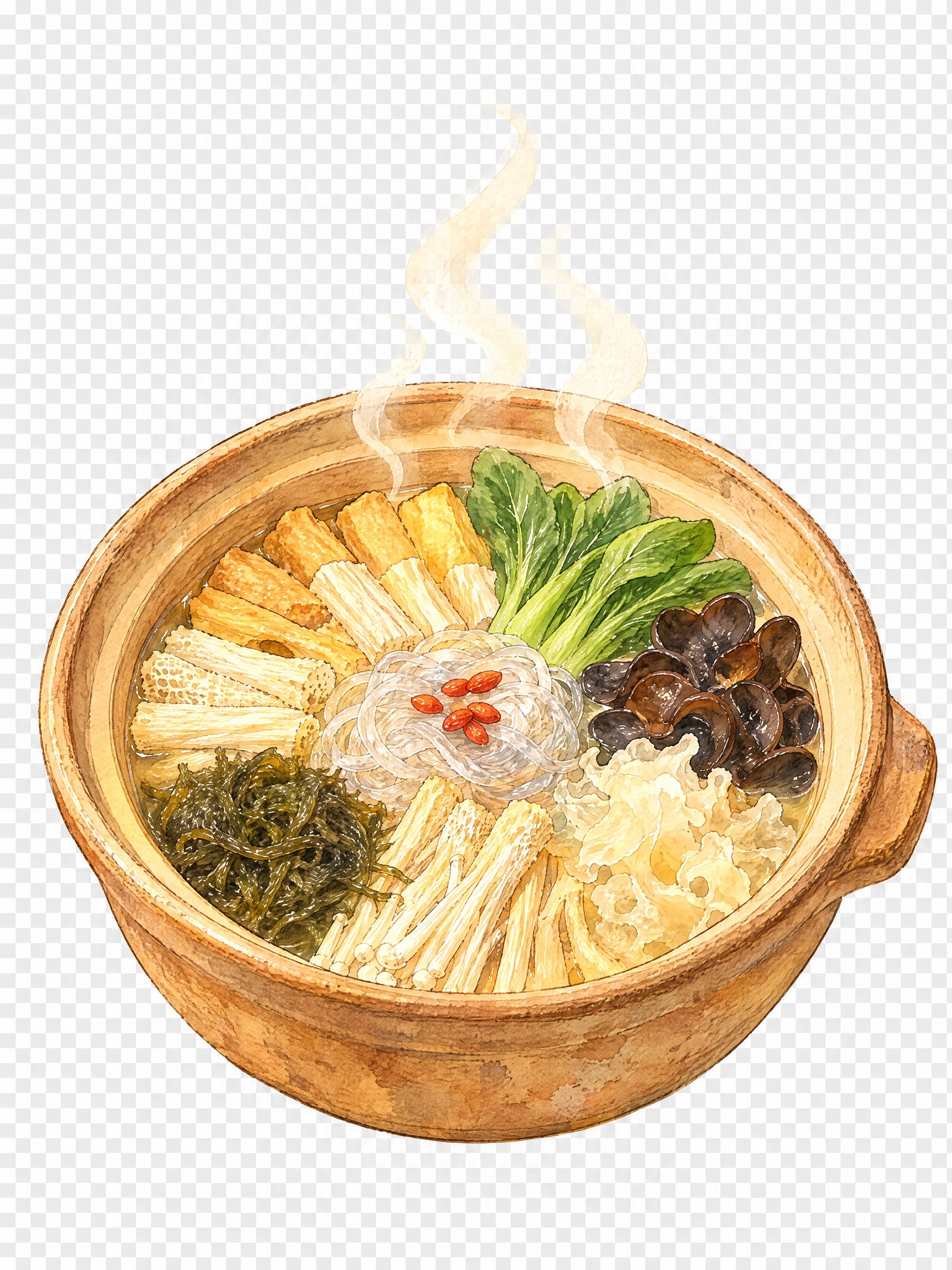 参考第一张底图的暖黄色调水彩手绘风格，将图中的素食砂锅菜品转换… - 图片创意预览