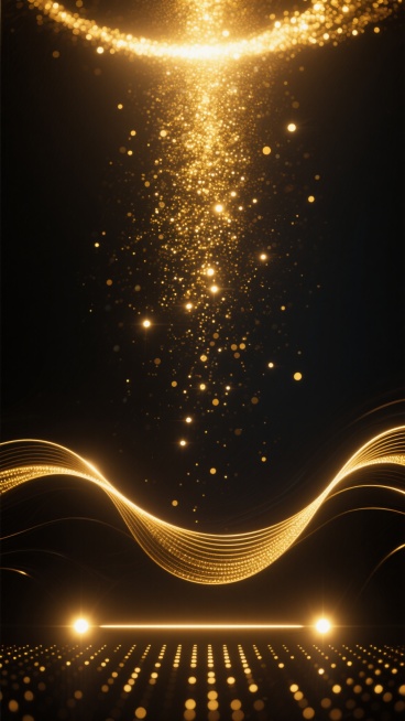 深色背景上，顶部有明亮的金色光点汇聚成发光带，向下扩散出大量细小的金色闪光粒子，营造出梦幻而璀璨的氛围。底部有流畅的金色波浪线条，线条边缘带有柔和的光晕效果，下方是由规则排列的金色光点组成的发光横线，横线两端各有一个明亮的金色光斑，整体画面呈现出科技感与未来感兼具的动态视觉效果，光影层次丰富，金色光芒在深色背景上形成强烈对比，带来华丽而神秘的视觉体验。预览效果