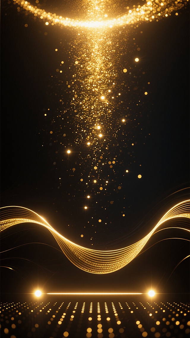 深色背景上，顶部有明亮的金色光点汇聚成发光带，向下扩散出大量细小的金色闪光粒子，营造出梦幻而璀璨的氛围。底部有流畅的金色波浪线条，线条边缘带有柔和的光晕效果，下方是由规则排列的金色光点组成的发光横线，横线两端各有一个明亮的金色光斑，整体画面呈现出科技感与未来感兼具的动态视觉效果，光影层次丰富，金色光芒在深色背景上形成强烈对比，带来华丽而神秘的视觉体验。
