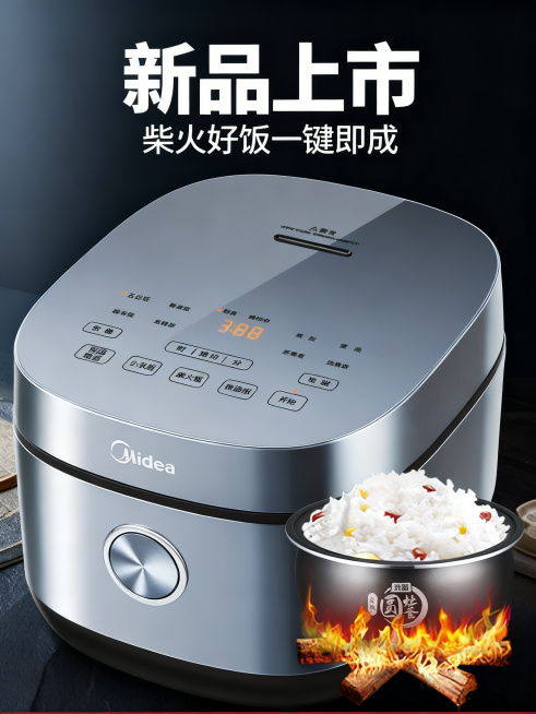 美的电饭煲新品上市宣传海报，画面主体保留这款美的圆灶釜电饭煲，米饭饱满香糯，风格现代简洁高端，添加主标题"新品上市"和副标题"柴火好饭一键即成"，整体突出产品质感，适合电商促销展示预览效果