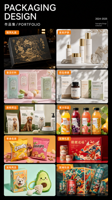 高端产品包装设计作品集，多品类多格分屏展示排版，黑底简约白色标题，橙色圆角矩形分类标签，包含国风烫金礼盒、极简轻奢美妆瓶身、清新马卡龙色系食品饮料包装、药品保健、宠物用品包装设计。对比式多图排版，色彩预览效果