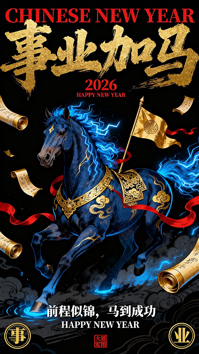 国潮浮世绘风格马年主题插画，纯黑背景，主体为一匹通体深蓝金纹的纯血马呈向前冲刺姿态，鬃毛与尾毛化为蓝色电光纹理，马身装饰金色战旗纹与云雷纹，周围环绕金色卷轴、红色飘带与蓝色光效，整体采用高对比度的蓝、金、黑配色，以细腻的浮世绘线条勾勒，营造出气势磅礴、事业腾飞的视觉效果。文字排版为：顶部是红色大写英文字体 “CHINESE NEW YEAR”，叠加金色书法主标题 “事业加马”，字体笔触粗犷有力，下方标注 “2026” 与红色小字 “HAPPY NEW YEAR”；底部居中是白色副标题 “前程似锦，马到成功”，其下方为白色英文字体 “HAPPY NEW YEAR”；左下角有金色圆形 “事” 字标识，右下角有金色圆形 “业” 字标识，底部中央点缀 “大展宏图” 红色印章。