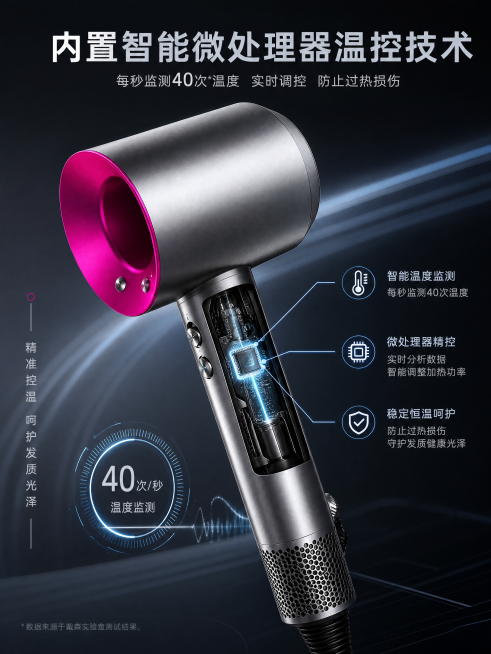 [主图-3] 戴森吹风机温控技术展示页
保持吹风机整体外观一致，深灰科技背景，局部放大手柄智能温控芯片区域，浅蓝色光路示意图标注控温流程。顶部大字：内置智能微处理器温控技术，侧边竖排小字：精准控温 呵预览效果