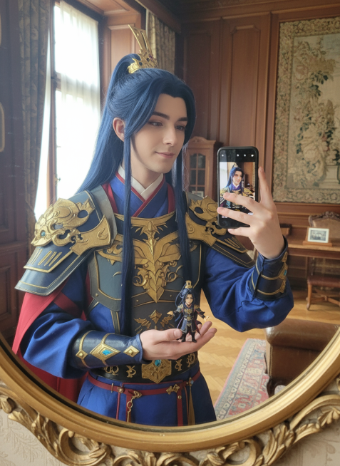 cosplayer真人照片，根据该图生成一张现实生活中扮演该角色的写实风格，人物所在的写实场景与原作相对应，人物一只手抬起拿着手机对着镜子正在自拍，另一只手靠近镜头托着带有与该cosplayer照片相预览效果