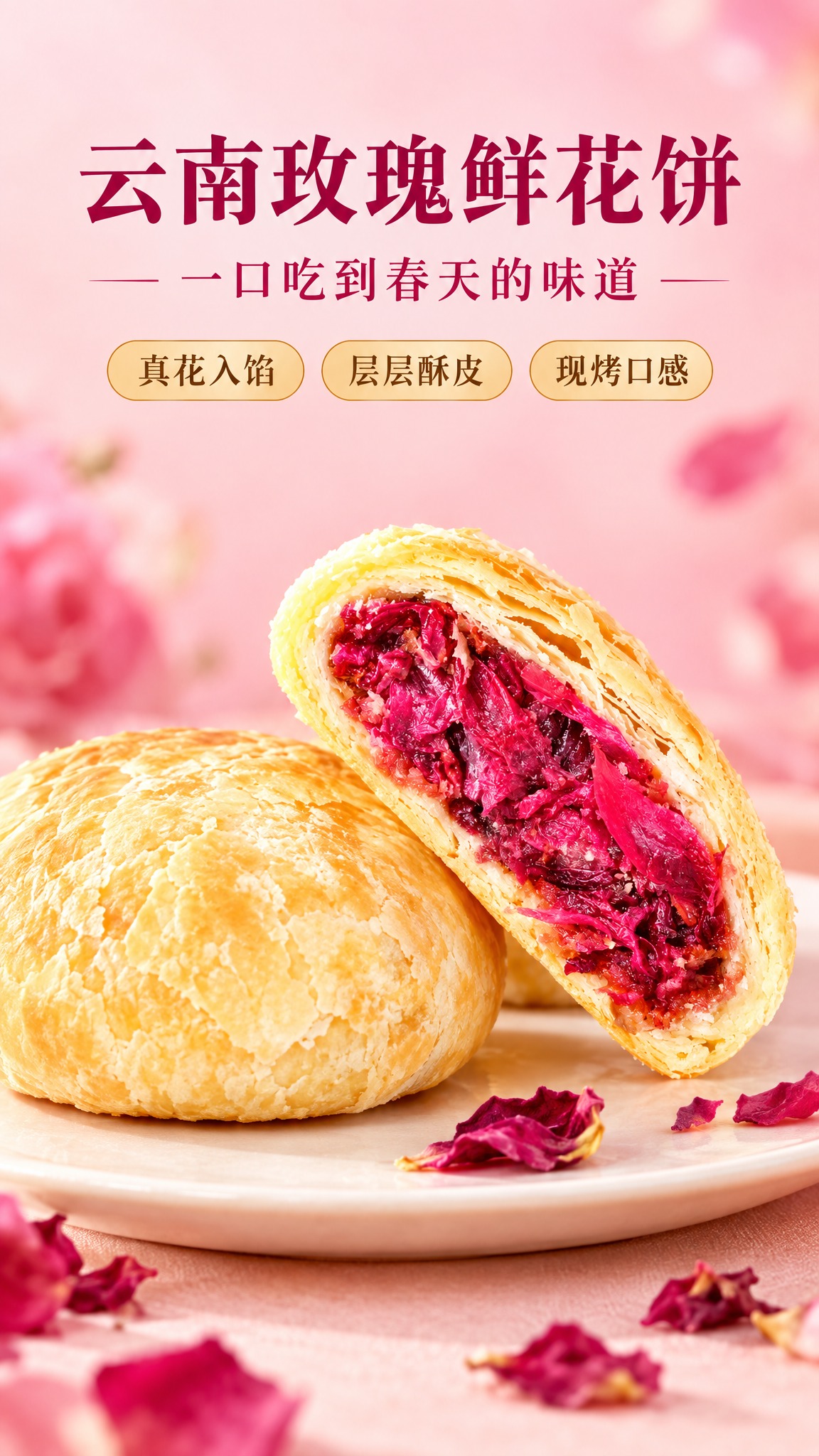 [商品] 使用【图1】云南玫瑰鲜花饼；保留金黄酥皮、玫红色玫瑰… - 图片创意预览