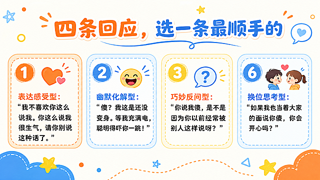 设计四条回应方法PPT页，延续橙蓝童趣风格，标题"四条回应，选一条最顺手的"，内容：1️⃣ 表达感受型："我不喜欢你这么说我。你这么说我很生气，请你别说这种话了。" 2️⃣ 幽默化解型："傻？我这是还没变身。等我充满电，聪明得吓你一跳！" 3️⃣ 巧妙反问型："你说我傻，是不是因为你以前经常被别人这样说呀？" 6️⃣ 换位思考型："如果我也当着大家的面说你傻，你会开心吗？" 16:9宽屏，分条排版清晰