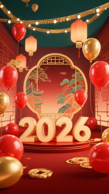 用红色、金色气球、拉花，闪灯 灯笼装饰空间，显示出2026数字摆件，底图搭配预览效果