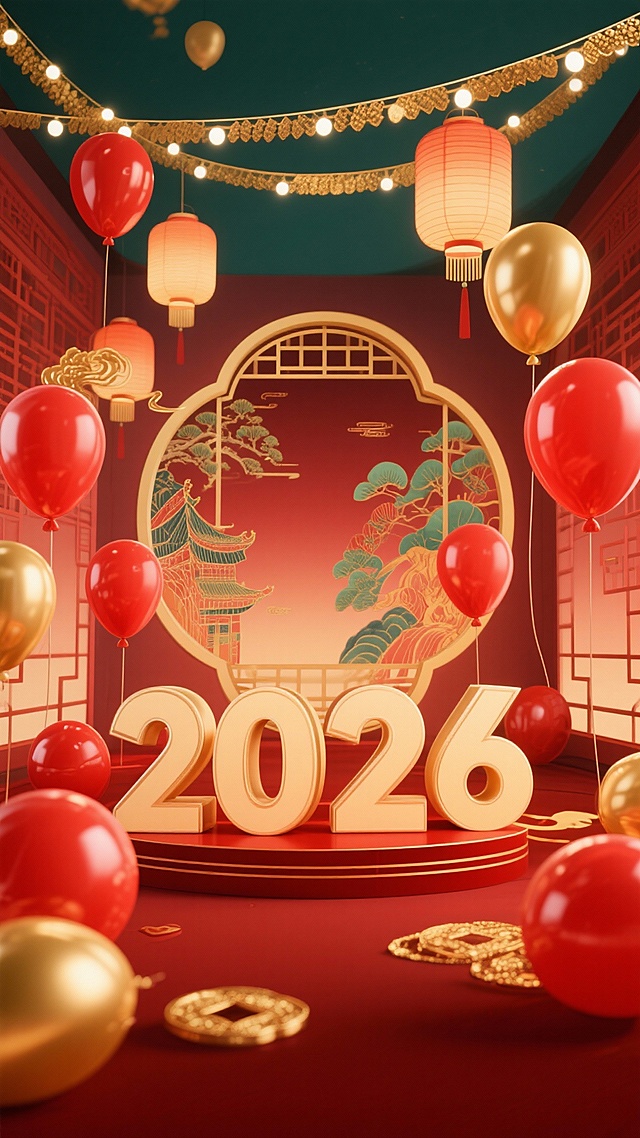 用红色、金色气球、拉花，闪灯 灯笼装饰空间，显示出2026数字摆件，底图搭配