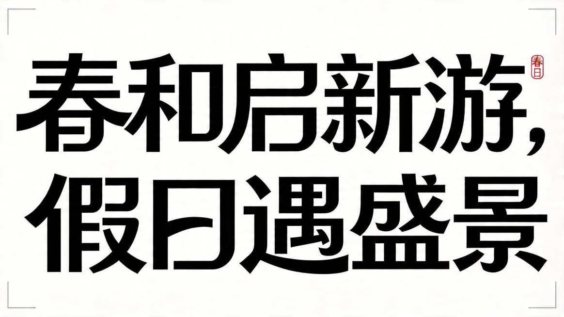 参考原图字体风格，将文字精准替换为“春和启新游，假日遇盛景”，完全保留原有排版格式、字体结构变形设计、黑色字体颜色和纯白背景，画面只能包含“春和启新游，假日遇盛景”这10个字，不得增加、遗漏或替换，文预览效果