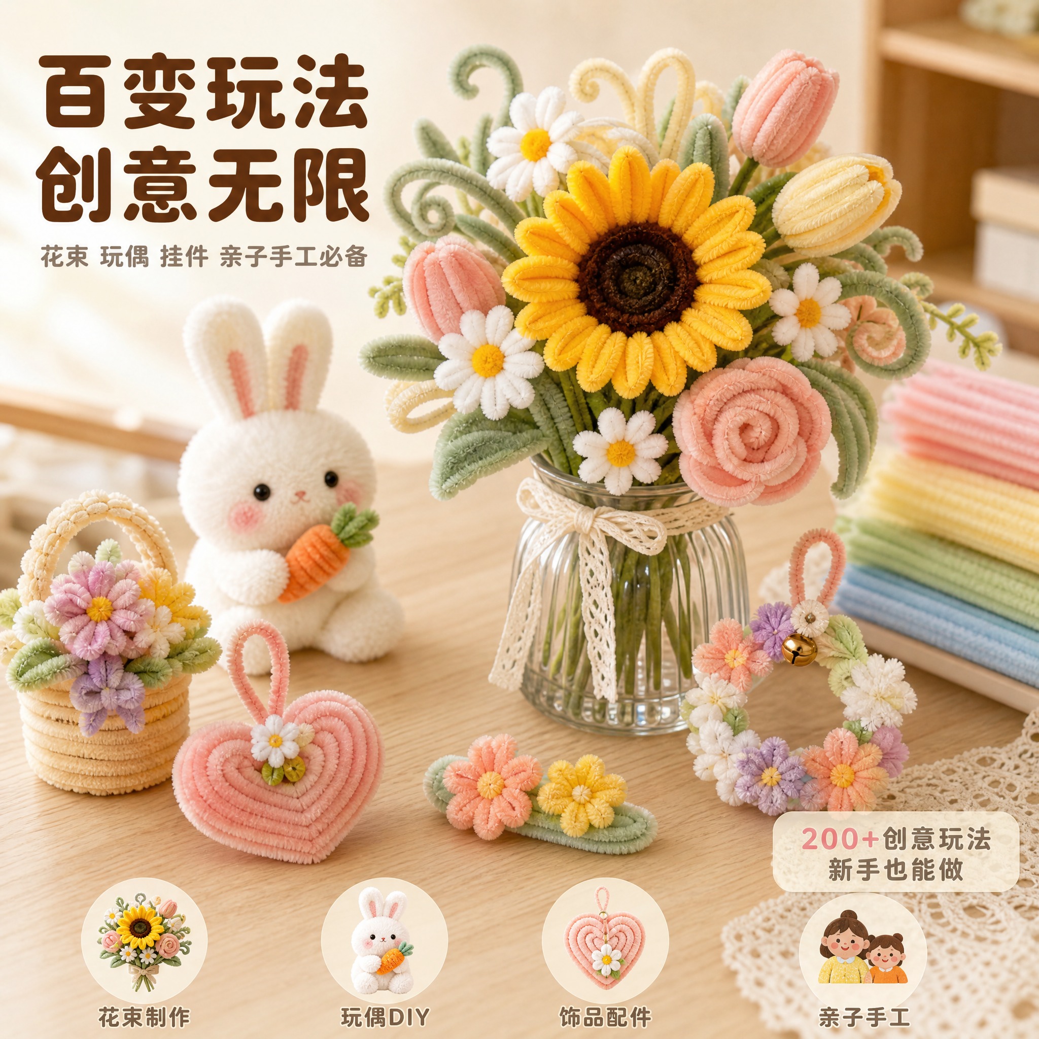 [主图-4] 马卡龙色超密扭扭棒 DIY手工毛绒条 成品效果展… - 图片创意预览