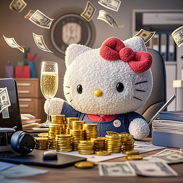 kitty cat在办公室，桌面有金币山，举着香槟酒杯，天上散落各种钞票