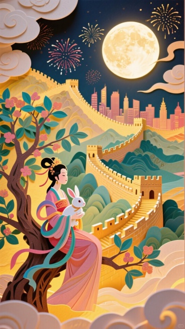 全景构图，近景是嫦娥抱着玉兔的坐在玉桂树上的侧影，中间是蜿蜒雄伟的长城和繁华的城市建筑，背后是圆月和烟花，画面四周祥云环绕，画面整体充满喜庆和华丽，画面呈现喜庆的暖色调预览效果