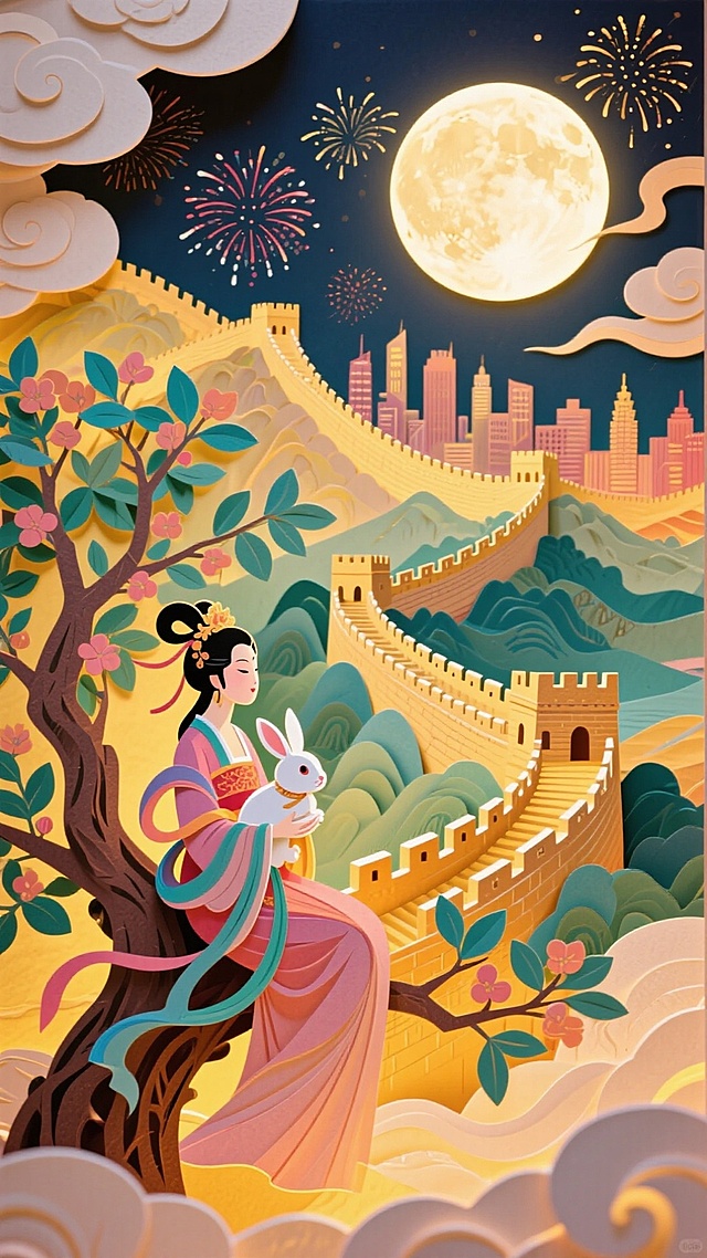 国潮风插画，融合剪纸与撕纸艺术，嫦娥抱兔静坐花树下，长城蜿蜒至现代都市，满月烟花映衬古典与未来交织的中秋夜景，梦幻而温馨。