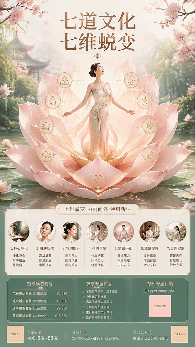 高端美容会所品牌主视觉海报，新中式轻奢风格，主题是七道文化 七维蜕变。画面中心：一朵含苞待放的莲花从中心层层绽放，从莲芯慢慢舒展到七层花瓣，从中走出一位气质优雅全身舒展的东方女性，用花瓣分层形式呼应七个蜕变维度，整体营造春暖花开万物新生的氛围感，背景是朦胧的春日花园，浅粉嫩绿低饱和度配色，营造温润雅致的自然生机，文字仅保留七道文化和七维蜕变，七个蜕变维度不额外增加文字，整体构图对称，高级质感，版式精美，画面中所有二维码区域使用纯色方块占位符呈现，方块中央标注"二维码占位"文字，严禁生成任何可识别的二维码图案，画面中所有信息区域、套餐卡片、价格表格、权益列表、对比模块、福利条目、课程大纲、议程、嘉宾介绍区等必须填充完整合理的内容，不得出现空白框、空白占位、横线待填写区域、空列表项、空单元格；用户未提供具体内容时，基于海报主题和场景合理补全典型内容，确保是完整可用的成品海报而非待填写模板