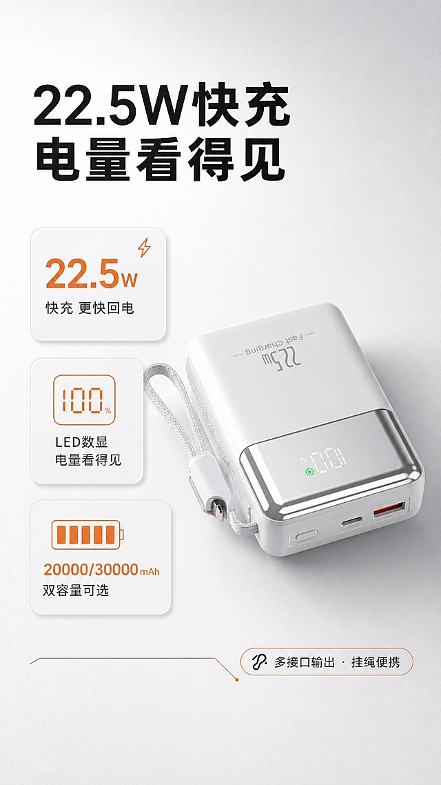 [主图-2] 核心价值图：主打“22.5W快充 大容量数显”，用充电宝主视觉+关键数据卡片证明核心体验。
[统一基调] 风格=白色极简高端电商摄影；标题字=现代无衬线粗体；辅助字=简洁无衬线体；主色=白色+浅灰；背景延展=白色到浅灰的柔和渐变，带细腻磨砂质感；强调色=银灰色（金属饰条）+橙色（接口内芯）仅用于小面积图标、引线和数据高亮；标题色=深炭黑；正文色=中灰；组件=细线圆角信息卡、半透明浅色标签；光影=左前侧柔光，产品底部柔和接触阴影。
[画面] 主视觉为银白色充电宝（金属饰条+LED数显屏+编织挂绳+多接口），置于画面右侧约60%占比，完整平铺展示；左侧三张数据卡片：大数字“22.5W”+“快充 更快回电”、图标+“LED数显 电量看得见”、图标+“20000/30000mAh 双容量可选”；下方一条银灰色细线连接产品，角落小标签“多接口输出 · 挂绳便携”。产品外观、结构、材质、颜色与输入图完全一致。
[光影质感] 商业摄影级打光，磨砂外壳与金属饰条反光真实，卡片阴影轻微浮起，接触阴影自然。
[配色] 白灰渐变背景为主，银灰金属色与橙色用于图标、引线和标签，保持干净高端。
[文字版式] 左侧上方大标题“22.5W快充 电量看得见”，横排黑体加粗；卡片用大数字+短说明，文字清晰不遮挡产品主体。
[输出要求] 9:16竖屏，2K清晰度，文字清晰可读；负向提示：产品变形、错字、模糊、杂乱背景、水印、平台Logo、英文文案、绝对化用语。